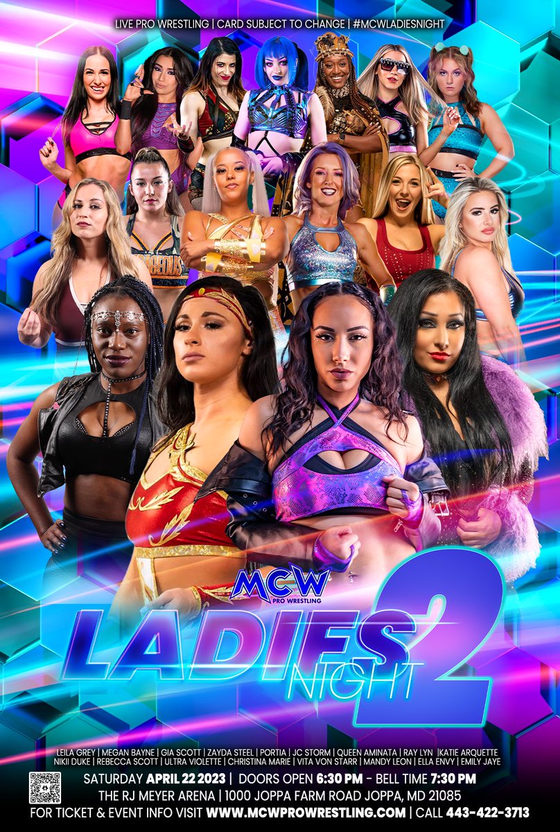 #MCWLadiesNight returns to Joppa, #Maryland on Saturday April 22nd!

See former #MCW Women’s Champions @TheGiaScott, @Ray_lyn, @MandyLeonXo & MORE!

💥All Front Row ticket holders will also get a VIP Meet & Greet w/Autograph & PhotoOp w/@TheMeganBayne💥

🎟️linktr.ee/mcwprowrestling