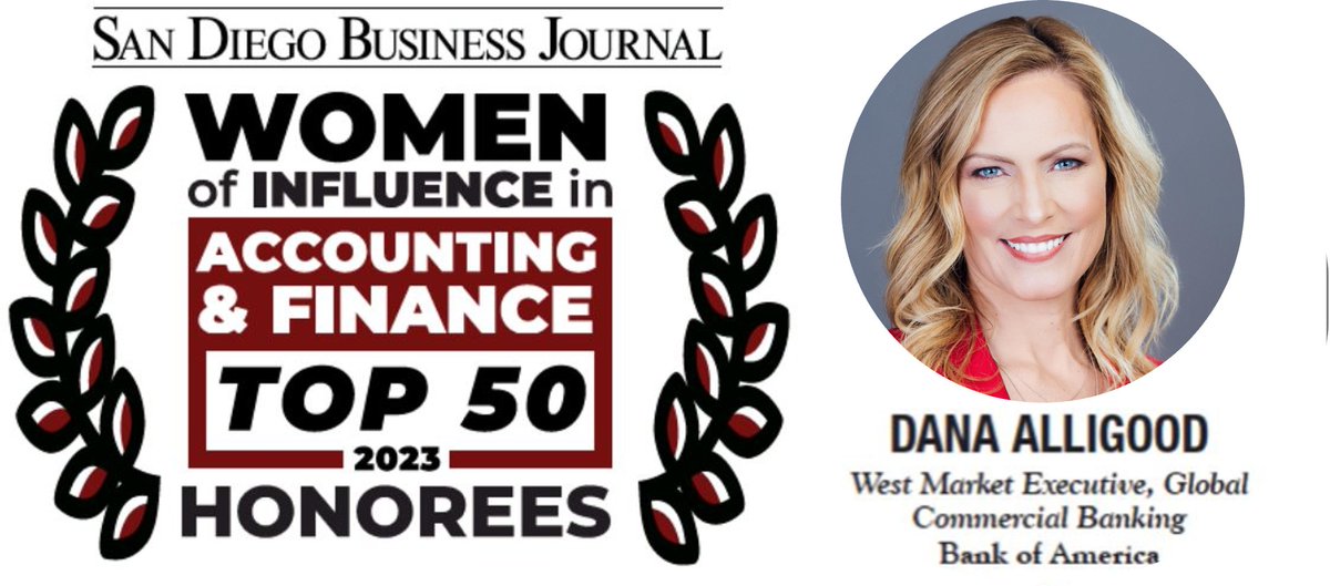 Congrats to <a href="/BankofAmerica/">Bank of America</a> Executive Dana Alligood for being named to <a href="/SDbusiness/">San Diego Business Journal</a>’s Top 50 Women in Accounting and Finance, recognizing the most influential and achieving women in the #SanDiego region!