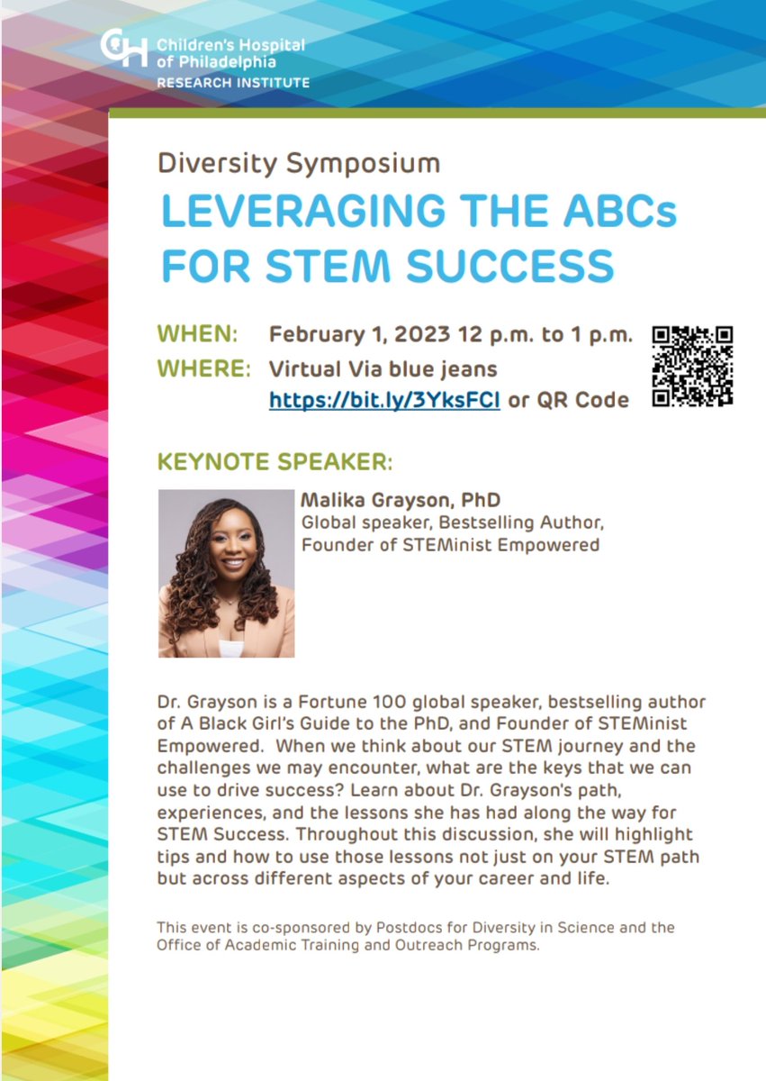 PennPPA's tweet photo. Join the CHOP Diversity Symposium this Wednesday to learn from the successful story of @MalikaGrayson.
@duboiscircle @PennBPP @CHOP_Postdocs #PennPostdocs https://t.co/Cru9M2GxDb