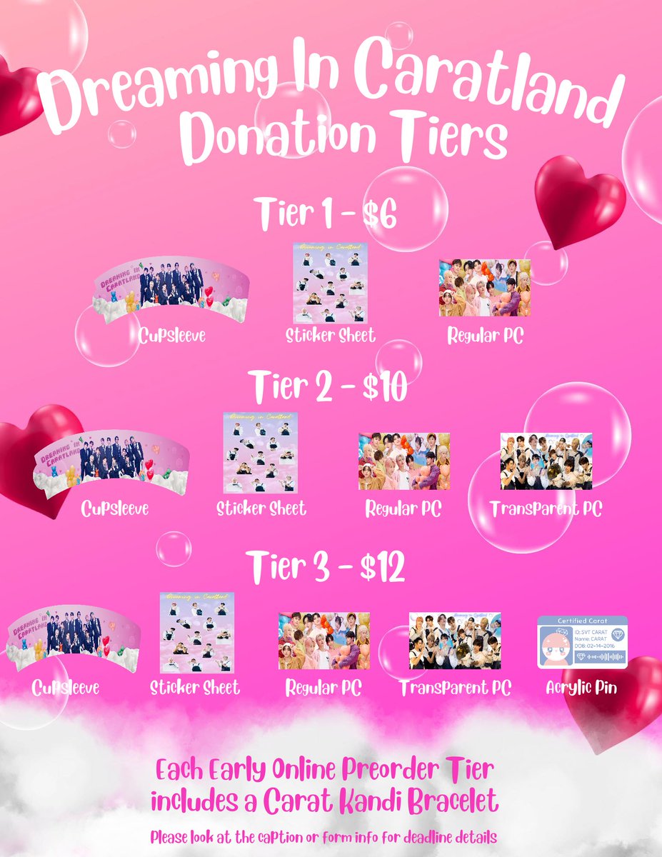 💖 Dreaming in Caratland💖

💗We are very excited to show you our tiers for this event!
💓Tier 1 - $6: Cupsleeve, sticker sheet &amp; regular photocard
💓Tier 2 - $10: Tier 1 items &amp; transparent photocard
💓Tier 3 - $12: Tier 2 items, acrylic pin &amp; 1 raffle ticket