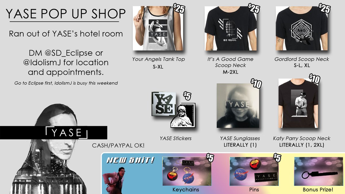 YASEworld's tweet image. Don't be caught looking like a standard width buster. The YASE Pop Up shop will be in operation this weekend at Frosty Faustings. We got some brand new pins and keychains for ya

Contact @sd_eclipse or @IdolismJ to access (but fr contact Eclipse first, hes more available than J)