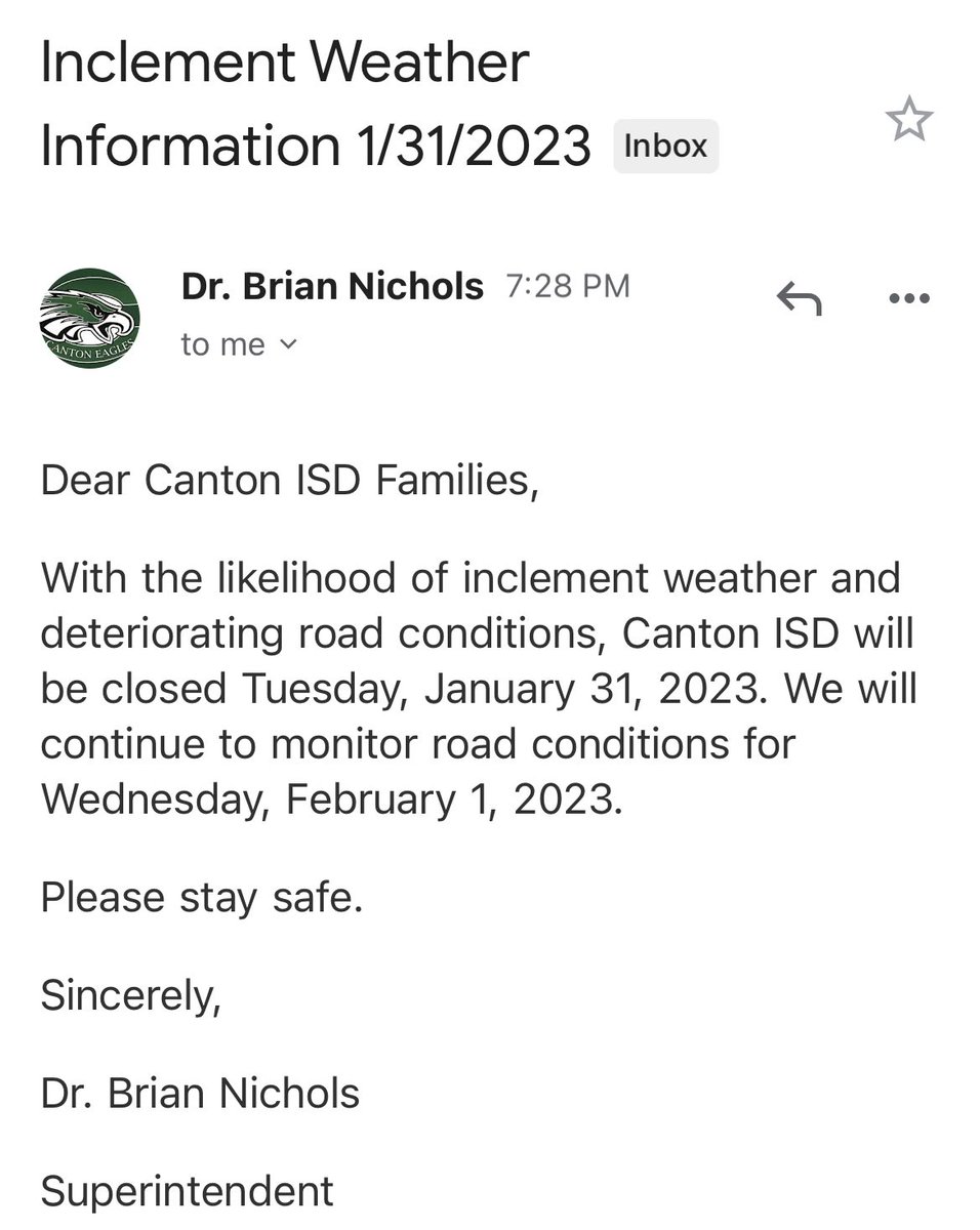 cantonhs's tweet photo. CISD will be closed tomorrow (1/31). Stay safe! https://t.co/Bxr2gc4W0k