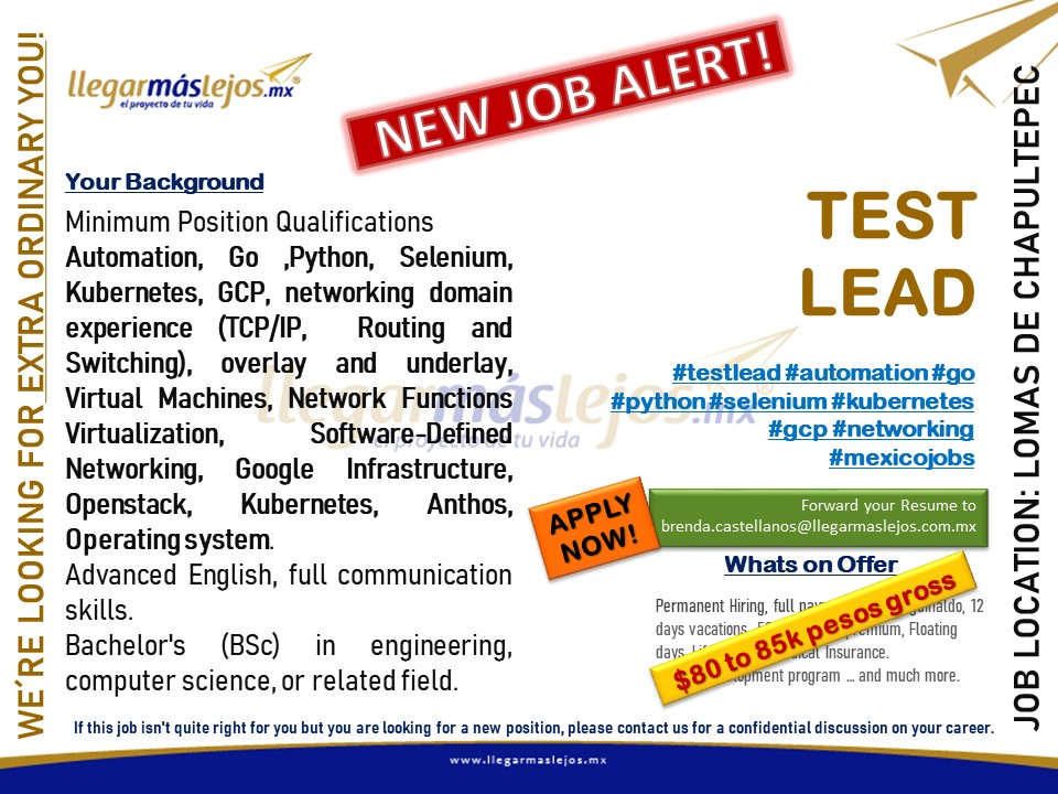 BrendaRecruits2's tweet image. I’m #hiring.
Do you know anyone who might be interested??
#testlead #automationtestingjobs #go #python #seleniumautomation #kubernetes #gcp #networking #mexicojobs