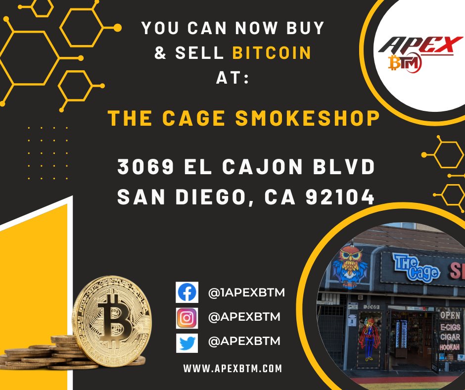 ApexBtm's tweet photo. Are you in the North Park area?
Visit
The Cage Smoke Shop
3069 El Cajon Blvd
San Diego, Ca 92104
#Bitcoin #BitcoinATM #SanDiego #California #NorthPark #EastSanDiego #SouthEastSanDiego #BTM #BuyBitcoin #BitcoinNearMe #BTC #VisitSD #BuyBTC #UniversityHeights #SD #SESD #Crypto #US https://t.co/mMYixLjfc0
