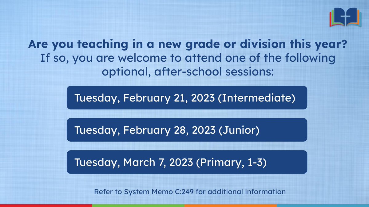 Attention #ycdsb educators! Are you teaching in a new grade/division this year? Join Maxine Highet &amp; I as we share resources, relevant YCDSB frameworks, and assessment practices. Refer to information below and System Memo C:249. ￼🗒️