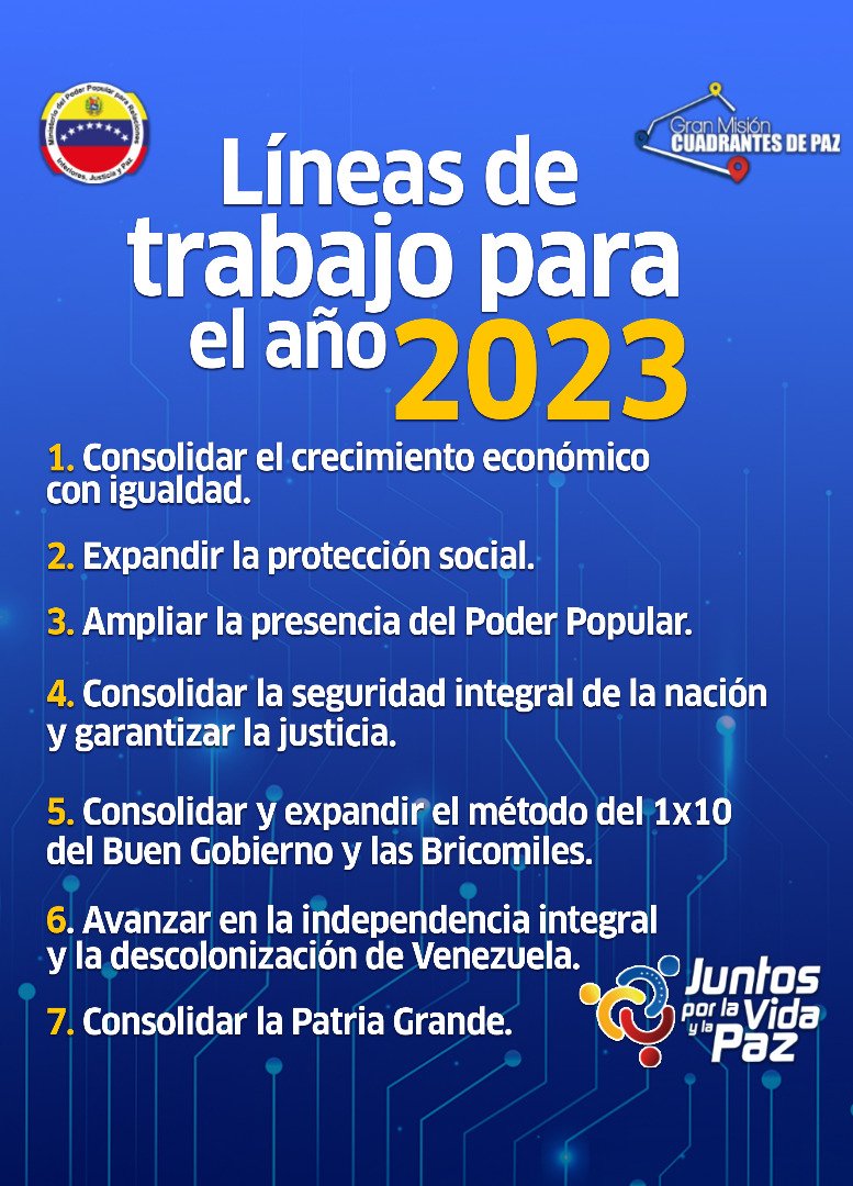 #30Ene || Líneas de trabajo presentadas por el Presidente de la República y Cmdte en Jefe <a href="/NicolasMaduro/">Nicolás Maduro</a>, con el objetivo de consolidar  una nueva etapa de Gobierno de innovación junto al pueblo en este 2023. 

#LasSancionesCastiganLaSalud