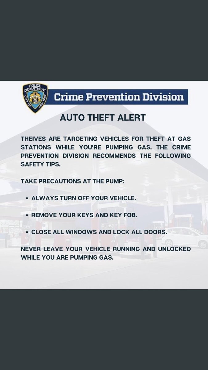 NYPD50Pct's tweet photo. Tips from your Crime Prevention Officer Jamsheer.Please help us preventing auto theft and other vehicle crimes.
YOU MIGHT ONLY BE a “MINUTE”.. BUT A MINUTE IS ALL A THIEF NEEDS.
✔️ Close your windows!
✔️ Turn off the ignition and remove the keys
✔️ Lock your doors!
stay safe 👮🚔 https://t.co/c7tb7Vd2Iy