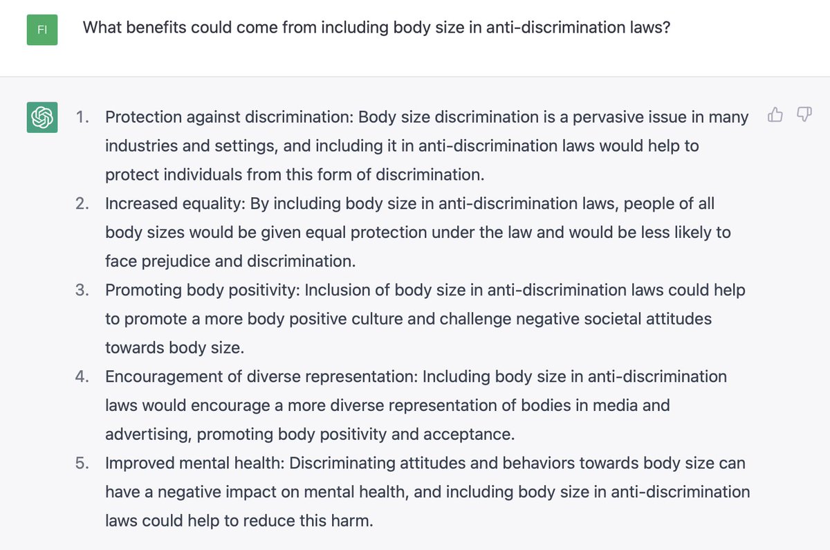 What benefits could come from including body size in anti-discrimination laws?

I asked #ChatGPT 

Here’s its response…..
