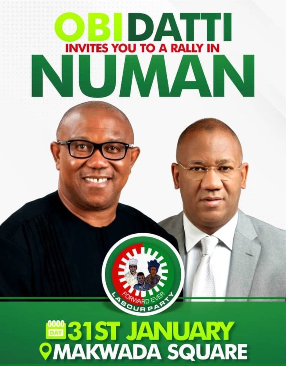 Charles91253085's tweet photo. Adamawa, are you ready📣📣📣📣📣

Peter Obi campaign train is coming to your city tomorrow 

It's going to be a mega 🔥🔥🔥

Be there!!!

#ObiDattiInAdamawa #ObidientMovement  Brighton  naira Osun Bbtitan2023. Enzo. Ojuelegba. Rui costa mitoma https://t.co/BtnDMj1T9w