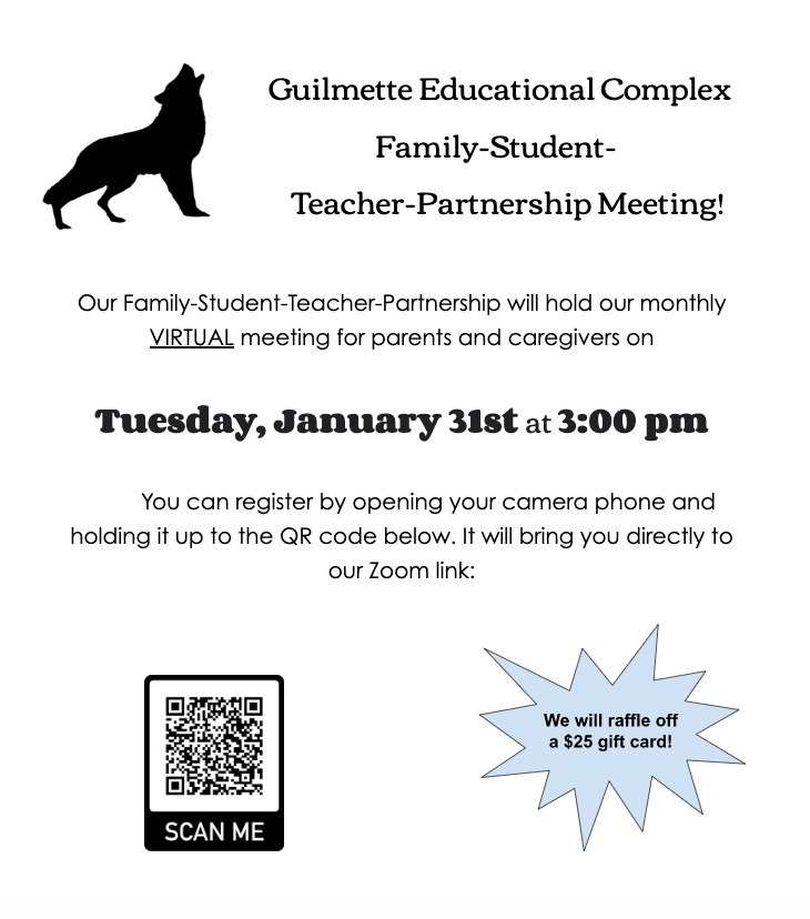 MiddleGuilmette's tweet photo. Attention GMS families, 
Please remember to sign up for our FSTP meeting happening TOMORROW at 3:00pm. The QR code above will take you directly to the sign up link and you will receive a Zoom link after that. We hope to "see" you there! https://t.co/cMdIp7okuD