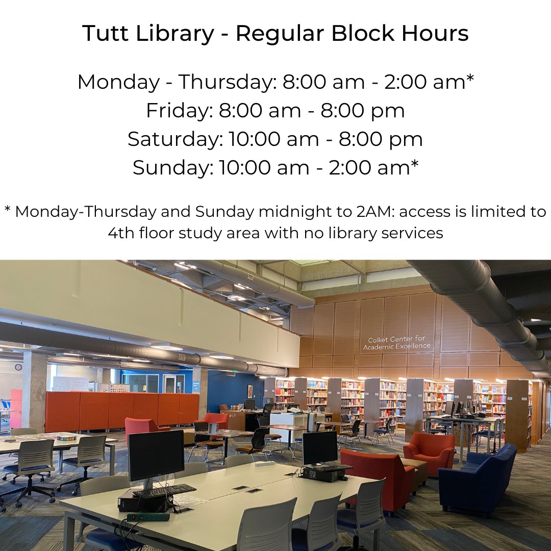 We're back to our regular block hours here at Tutt Library. Hang out inside and stay warm Tigers!