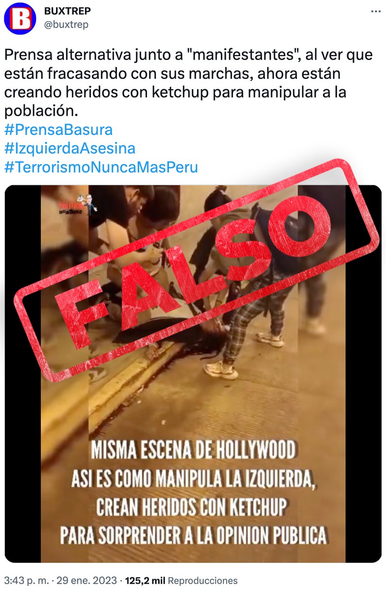VerificadorLR's tweet photo. 🚨¿Video demuestra que manifestantes falsificaron heridos "con ketchup"? ¡Falso!❌

Tras la marcha del 28 de enero, que dejó heridos de gravedad y un fallecido en Lima, circuló un clip en el que supuestamente fabrican una lesión en la cabeza de un manifestante. Esto es mentira⚠️ https://t.co/DxiA1P4HSV