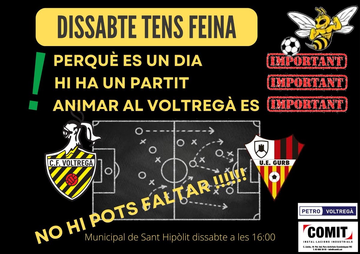 Dissabte tots al camp.
Voltregà vs @UEGurb1973 
#SomhiSani #SeguimSumant  #PenyaDeskuento