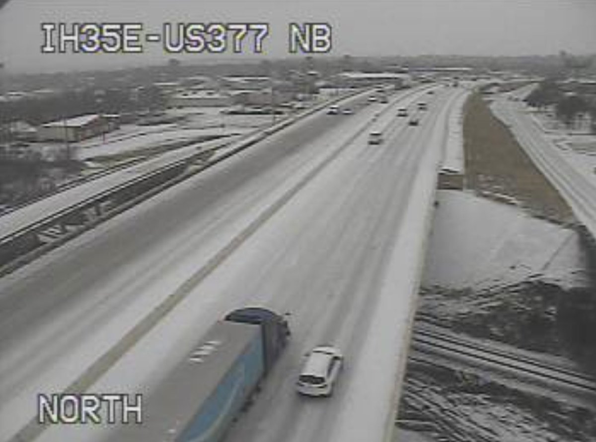 DFWscanner's tweet photo. 3:30pm Travel Conditions in Denton. This is on Interstate 35E and Fort Worth Drive. Sleet continues to fall, heavily at times. We are anticipating additional wintry precip tonight and throughout the day tomorrow. Temperatures will remain at or below freezing until Wednesday. https://t.co/0tln1JxDVR