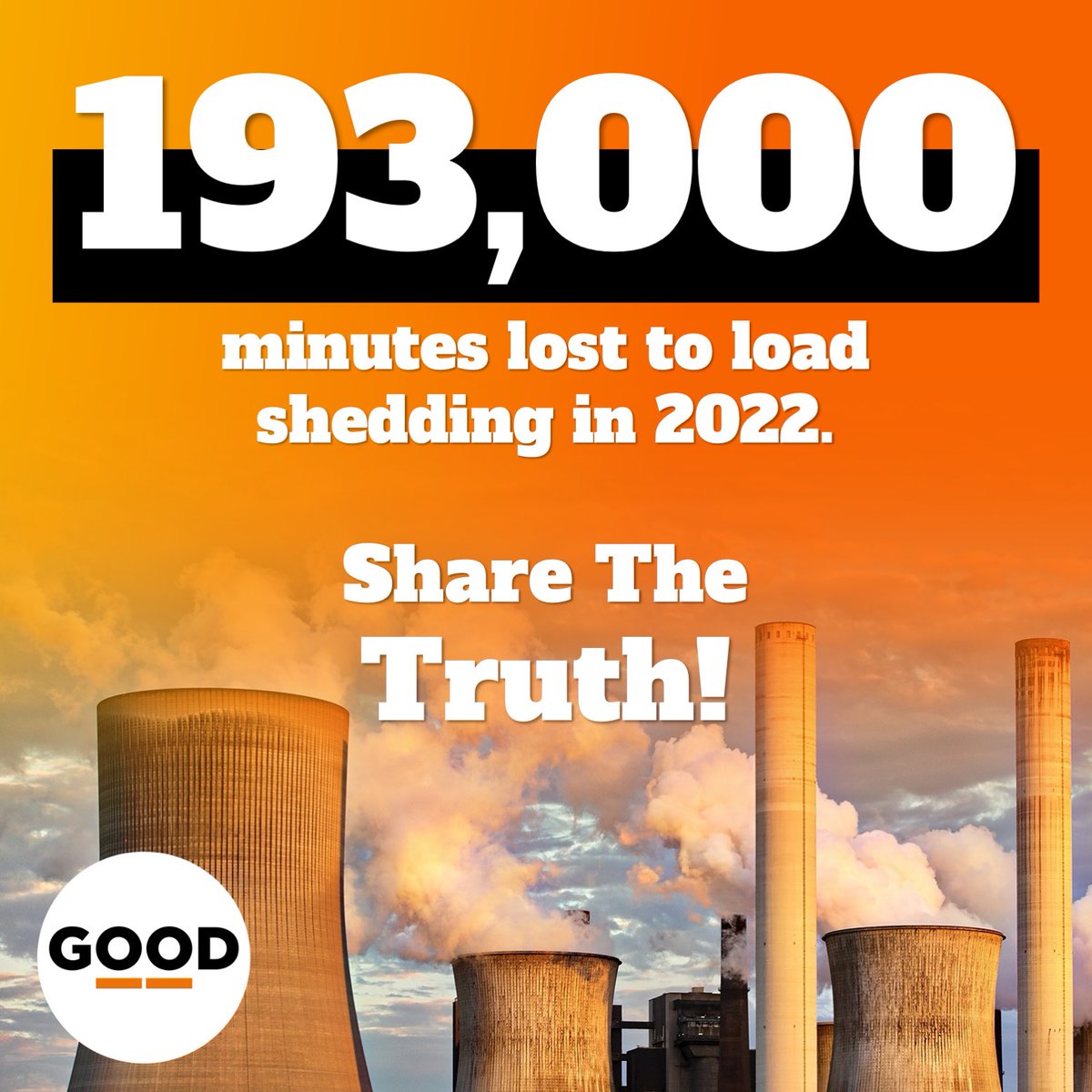 ForGoodZA's tweet photo. 💡 193 000 minutes lost to load shedding in 2022. That equals:

🕦 3200 Hours
🕐 134 Days
🕐 19 Weeks
🕝 4 Months

Share the truth below 👇 https://t.co/5YIamvVgR4