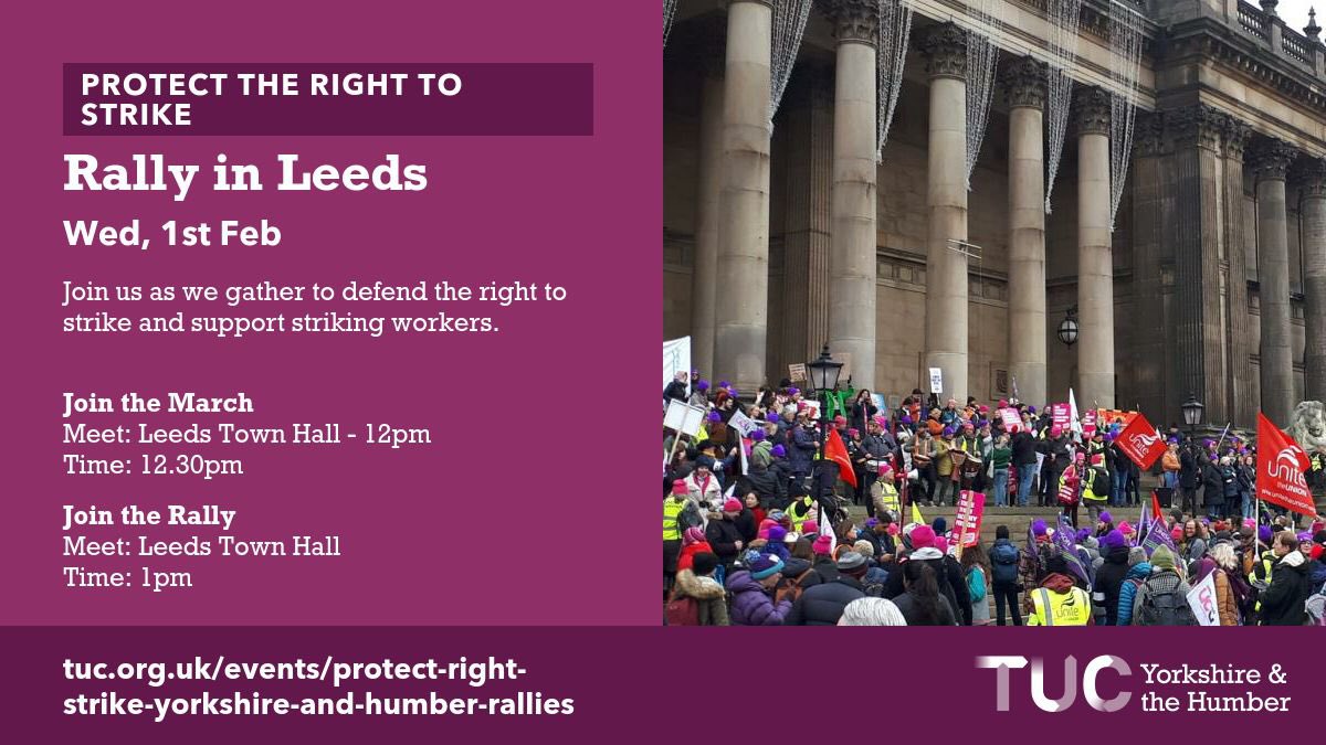 leedsucu's tweet photo. We strike alongside workers from many unions on Wednesday #Feb1stStrike

After picketing we’ll head down to join fellow strikers and supporters for the @LeedsTUC demo!

🪧Muster 12 noon Town Hall to march (circular route)
🪧Rally 1pm

📣Invite EVERYONE!

#ucuRISING #RightToStrike https://t.co/AoK1TkAiuc