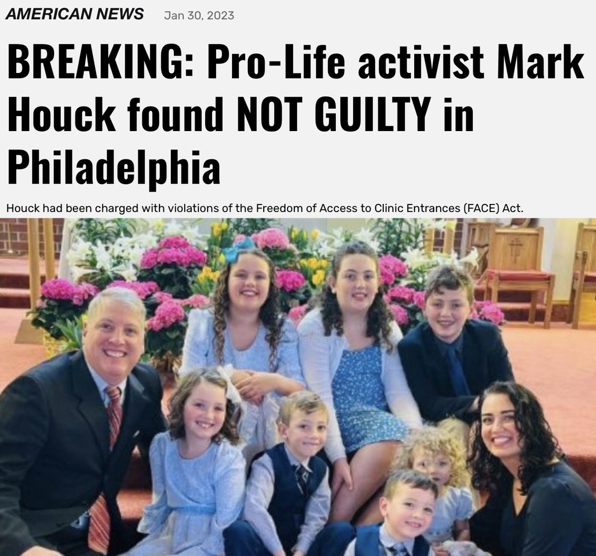 The Catholic father of seven Mark Houck who had his home raided by 30 FBI agents & was facing 11 years in jail for shoving a Planned Parenthood escort who threatened his son was found NOT guilty. #GodIsGood🙏🏼✝️