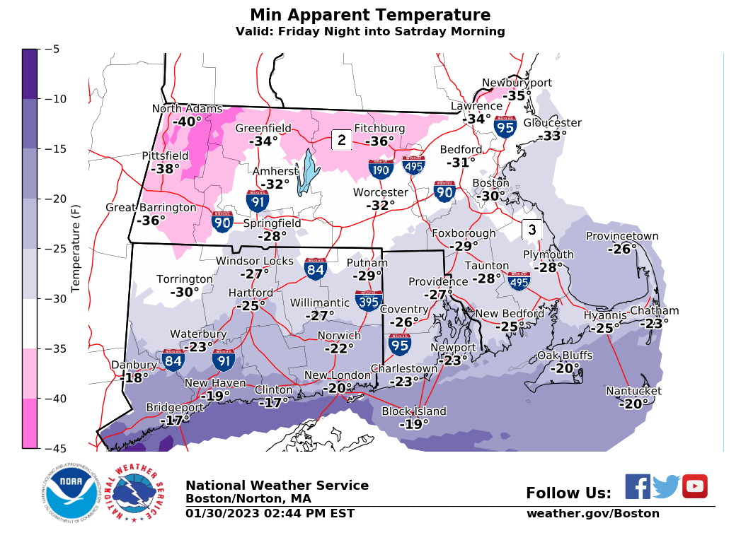 NWSBoston's tweet image. Dangerously cold airmass expected late Fri into Sat. Check out the forecast minimum wind chills for late Fri night and Sat morning.