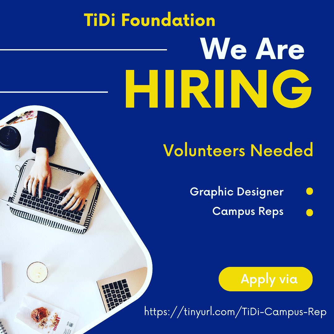 TidiFoundation's tweet photo. #Volunteers needed for Graphic Designers, University or tertiary Campus Reps. 

Kindly retweet 

Apply via 👇🏻
https://t.co/72vRolvRgC 

#GraphicDesign #Publicity https://t.co/hMFspcW9oR