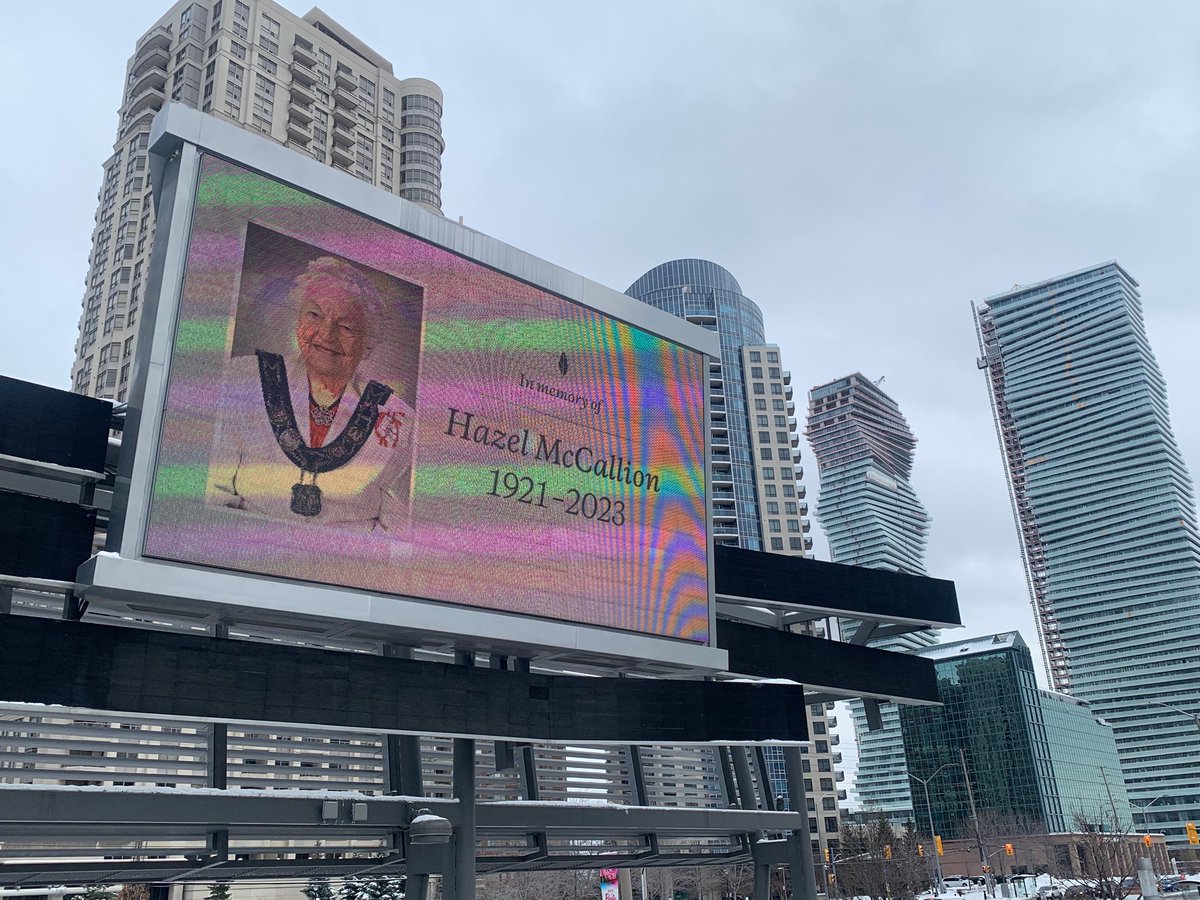 Haydn Watters (@haydnwatters) on Twitter photo A tribute to Hazel McCallion towers above Celebration Square in front of Mississauga’s city hall.
There’s been a steady stream of people writing thoughts and memories in a condolence book here all afternoon. <a href="/CBCHereandNow/">CBC Here and Now</a> <a href="/CBCToronto/">CBC Toronto</a> A tribute to Hazel McCallion towers above Celebration Square in front of Mississauga’s city hall.
There’s been a steady stream of people writing thoughts and memories in a condolence book here all afternoon. <a href="/CBCHereandNow/">CBC Here and Now</a> <a href="/CBCToronto/">CBC Toronto</a>