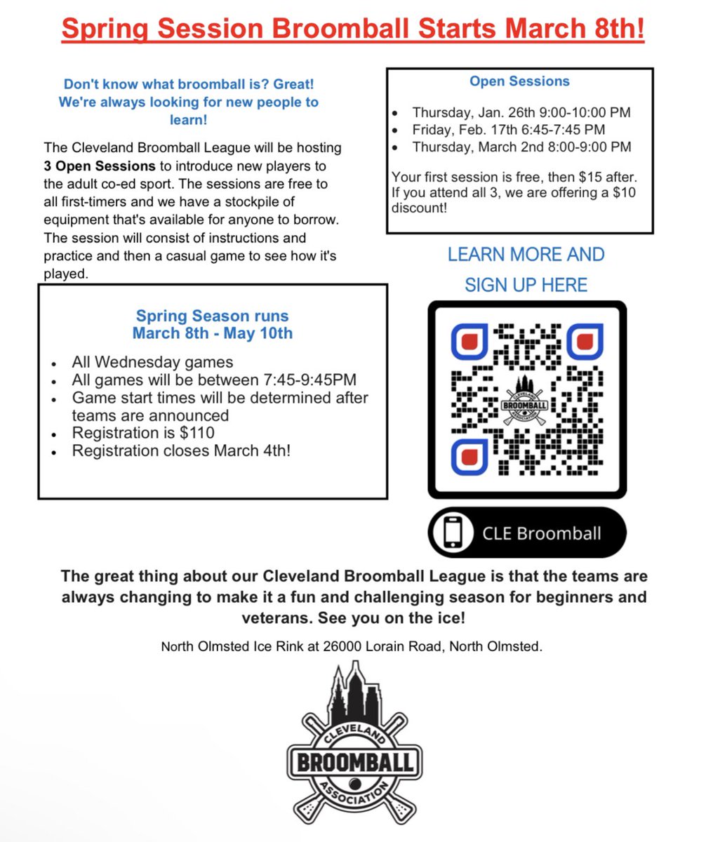 Cleveland Broomball Spring 2023 season starts March 8th!

Want to kick some rust off before the season? There are two more open sessions on Feb 17th and Mar 2nd

Haven’t played before but interested in trying it out? Your first open session is free for first-time attendees!