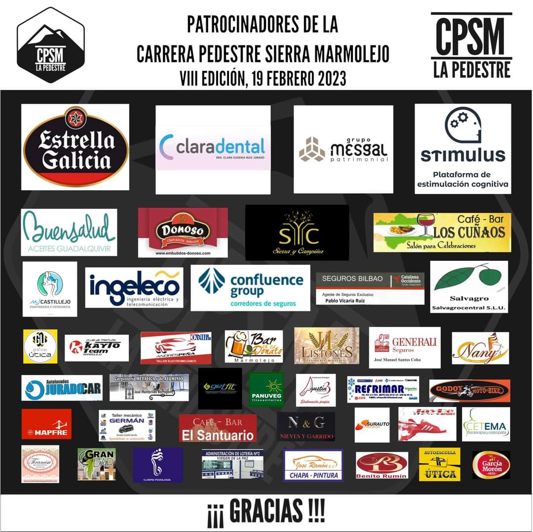 Continuamos caminando hacia la CPSM Carrera Pedestre Sierra Marmolejo y este año estos son los patrocinadores que nos acompañan, gracias a todos porque sois una parte muy importante de la carrera.
En los próximos días los iremos presentado a todos 😉.