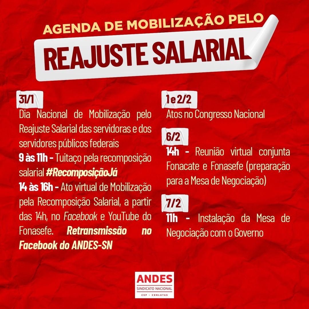 Amanhã, 31, é o Dia Nacional de Mobilização pelo Reajuste Salarial das servidoras e dos servidores públicos federais. Está programado um tuitaço pela manhã, das 9h às 11h, com a hashtag #RECOMPOSIÇÃOJÁ.