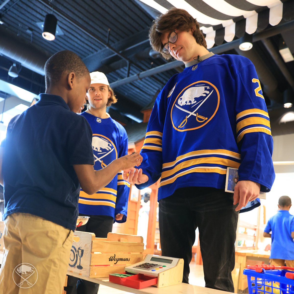 BuffaloSabres's tweet photo. Owen Power, Jacob Bryson, and Kale Clague got to hang out with our friends from the Stanley G. Falk School at Explore &amp; More today! https://t.co/euqBGkNMaG