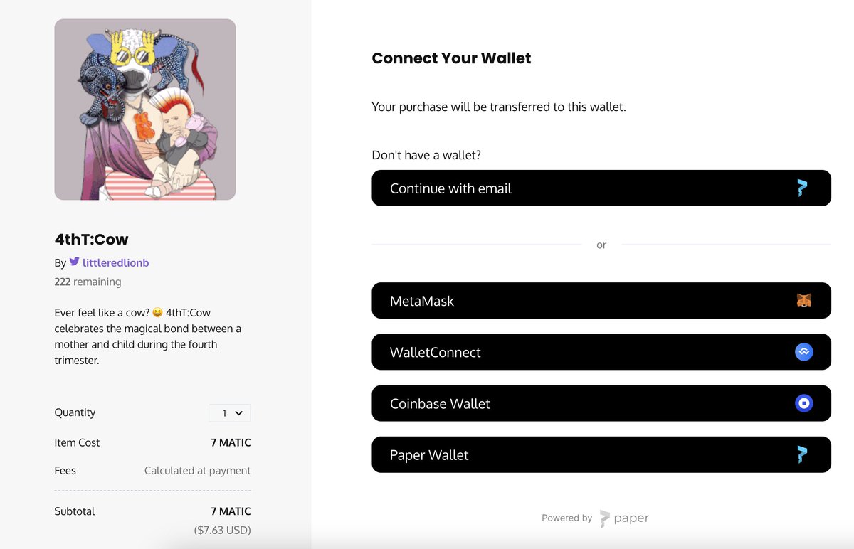 littleredlionb's tweet image. DID YOU KNOW?

You can now let your collectors purchase your NFTs with a credit card with @papercheckout.

Interested? Let me know in the comments and I&apos;ll guide you through the process. 👍😃

📸 4thT:Cow collection available on CC, ETH, or MATIC🤩

#NFTtools #customerexperience