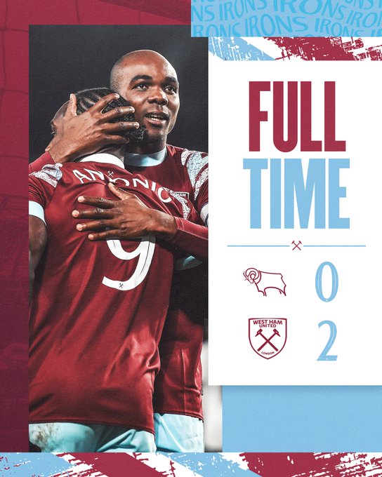 SFutebol16's tweet photo. CLASSIFICADO!
Fora de casa, o West Ham derrotou o Derby County por 2 a 0 e se garantiu nas oitavas de final da FA Cup. Seu adversário será o Manchester United, no Old Trafford. Os gols na partida foram marcados por Antonio e Bowen.
#DERWHU #FACup https://t.co/WNHg6EX0WC