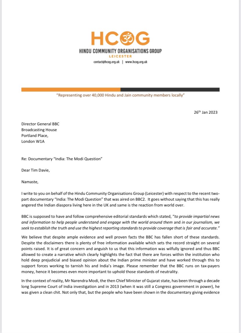 HCOG_UK's tweet photo. We have written to the Director General of the #BBC with regards to the documentary “India: The Modi Question”. See attached. https://t.co/1evtXAg0qw
