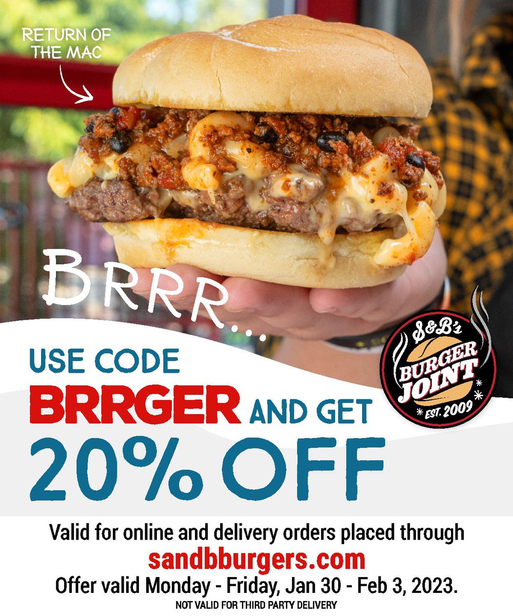 BRR... Use code BRRger &amp; get 20% off!❄️🍔

Use code BRRger to take 20% off all online &amp; delivery orders placed through sandbburgers.com

Monday 1/30/23 - Friday 2/3/23. Not valid on 3rd party delivery orders.