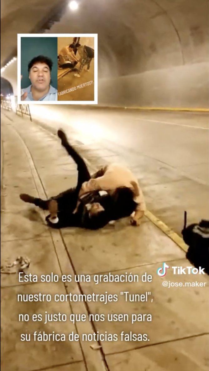 VerificadorLR's tweet photo. 🎬José Maker también desmintió la versión falsa en su cuenta de TikTok:

"Esta solo es una grabación de nuestro cortometraje 'Túnel', no es justo que nos usen para su fábrica de noticias falsas", precisó.👇
https://t.co/0IOYWa9xPT https://t.co/d3SL40Xnzd
