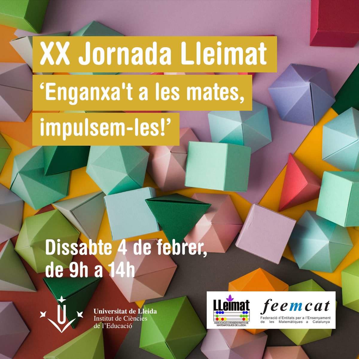 🎉 Aquest dissabte tenim la 2️⃣0️⃣ jornada Lleimat destinada a tot el professorat de mates de les comarques de Ponent. A partir de les 9.00 a l’edifici Polivalent del campus de Cappont de la <a href="/UdL_info/">Universitat de Lleida (UdL)</a>.
Va fil 🧵amb el programa que hem preparat. Som-hi! ⬇️