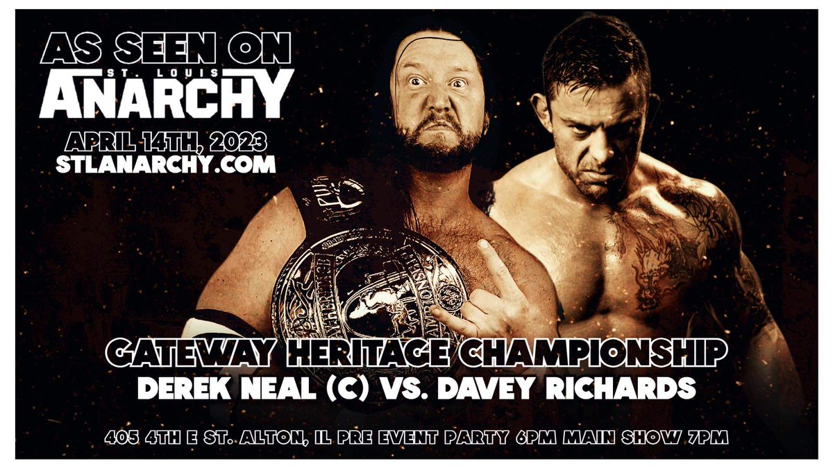 stlanarchy's tweet photo. 🚨 MATCH ANNOUNCEMENT 🚨 

Gateway Heritage Champion Derek Neal is undefeated at Anarchy, and manager Greg Jovi says he cannot be stopped.

Have they bitten off more than they can chew w/ The American Wolf?

🎟 on sale this Friday at noon at https://t.co/YvBvVsqBT0. https://t.co/TDDVTyOkoe