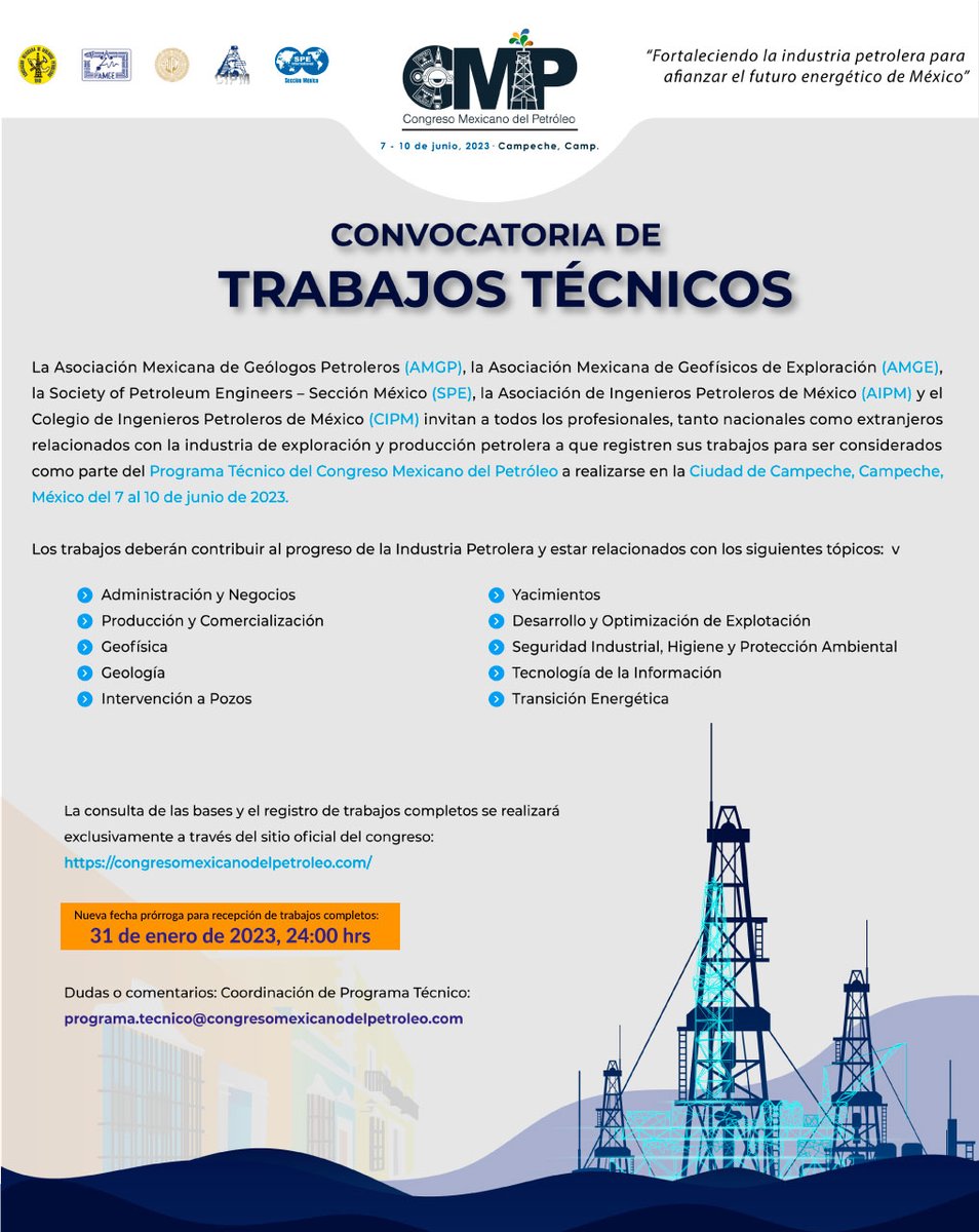 CMP_Petroleo's tweet photo. #Convocatoria | El Comité Organizador recuerda que quedan pocos días para registrar los trabajos técnicos a ser considerados en el Programa Técnico del
@CMP_Petroleo 2023.
#SPE #CIPM #AIPM #AMGP #AMGE
Requisitos: https://t.co/FwbFv4nUBX
#CMP #Campeche #petroleo #oilandgas https://t.co/Z4SimhGEK0