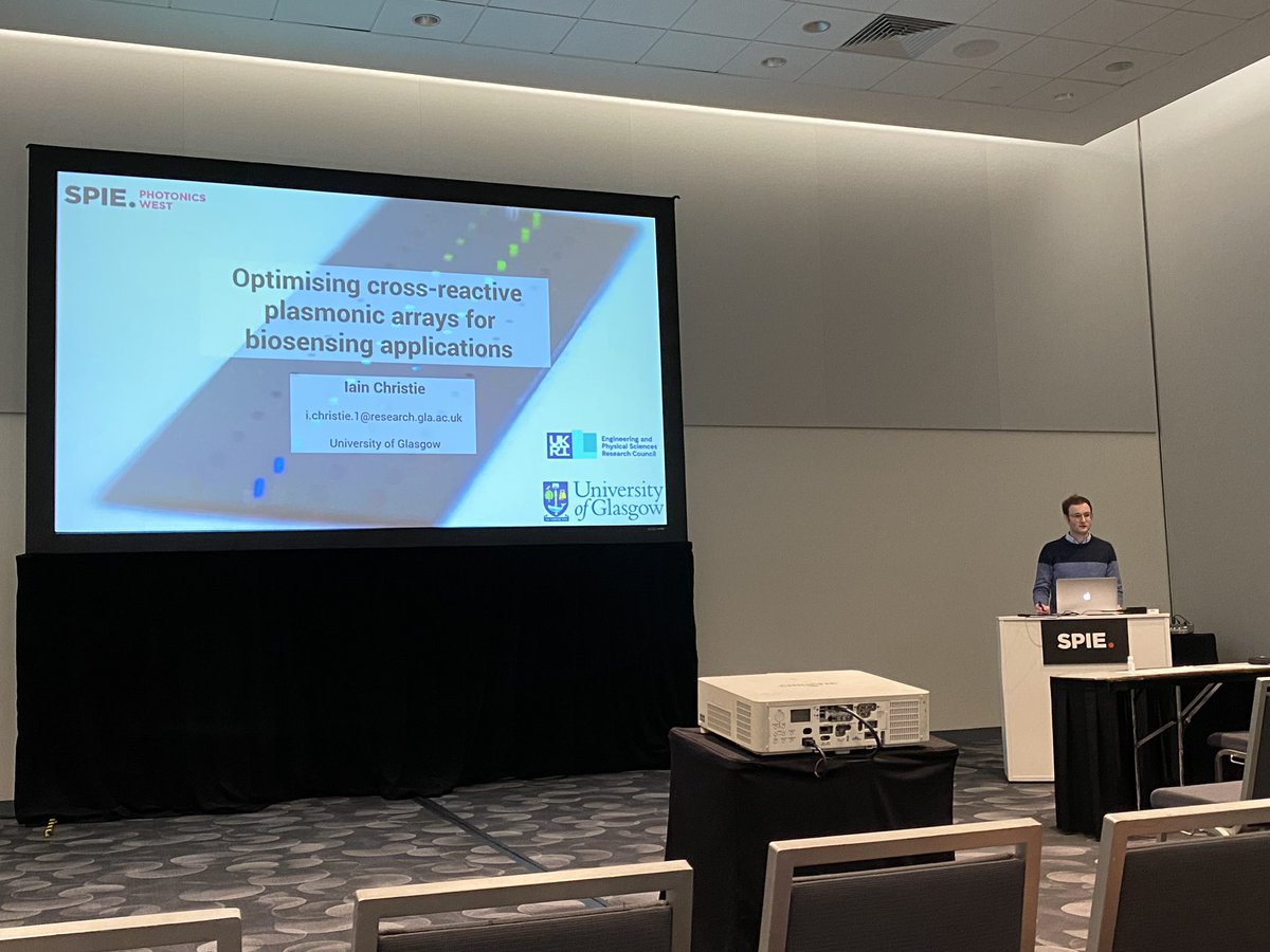 justsper's tweet photo. Congrats to @IainChristie2 on his talk about optimising cross-reactive plasmonic arrays for biosensing applications! #phd #PhotonicsWest @UofGlasgow @UofGSciEng @UofGSciEngGrads @AWClarkResearch https://t.co/Thb7iSdUAd