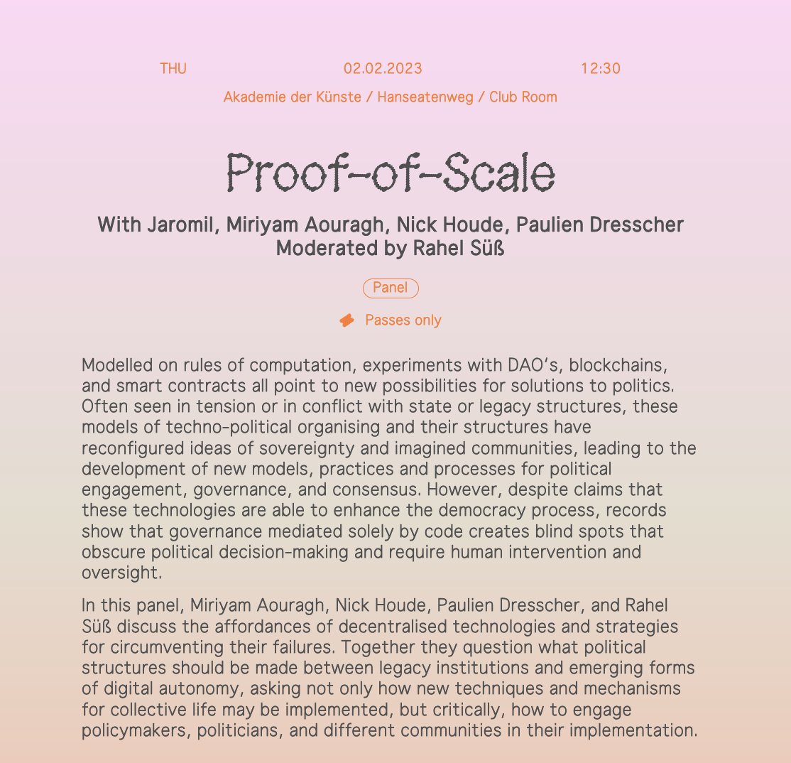 Rahel Süß (@rahelsuess) on Twitter photo Let's discuss how we can scale decentralised technologies and democratic futures <a href="/transmediale/">transmediale</a>. The festival is sold out but you can follow the live stream. Also, DM if you're around and want to talk about democratic algorithms in times of ChatGPT 2023.transmediale.de/en Let's discuss how we can scale decentralised technologies and democratic futures <a href="/transmediale/">transmediale</a>. The festival is sold out but you can follow the live stream. Also, DM if you're around and want to talk about democratic algorithms in times of ChatGPT 2023.transmediale.de/en