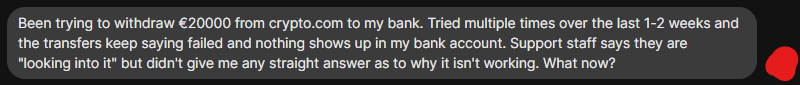 ParrotCapital's tweet photo. Until #cryptocom fesses up what really happened to the #TransactiveSystemsUAB bank account in Lithuania, I'm going to keep getting DM's like this.👇

Them playing dumb with frozen customer money isn't going to cut it forever. CS refuses to say the cash wasn't seized.🚩 https://t.co/h6xalDTYzP