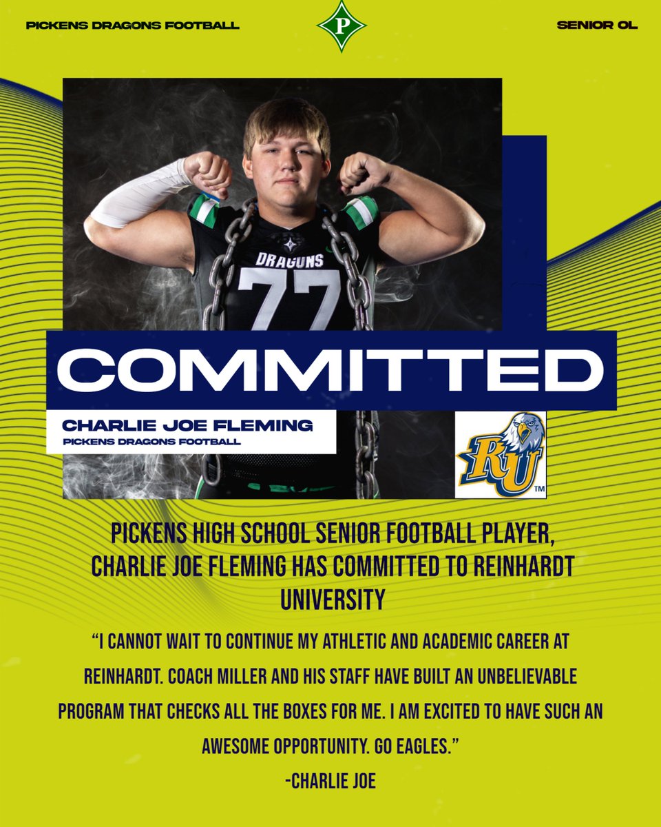 Pickens Football (@pickensfootball) on Twitter photo Congratulations to <a href="/charlieflem73/">Charlie Fleming</a> on his commitment to <a href="/ReinhardtFB/">Reinhardt Football</a>! @coach_jmiller and his guys are getting a good one! Congratulations to <a href="/charlieflem73/">Charlie Fleming</a> on his commitment to <a href="/ReinhardtFB/">Reinhardt Football</a>! @coach_jmiller and his guys are getting a good one!