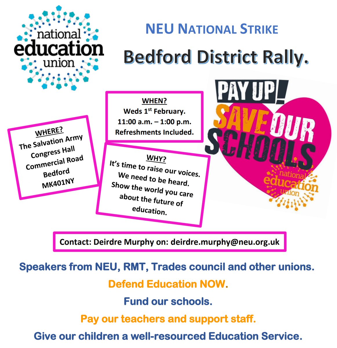 BedTUC's tweet photo. A rally near you on 1st Feb! All family friendly. Come with friends, family &amp; colleagues 
#SaveOurSchools #PayUp @NEUnion https://t.co/TZYP3YS4wW