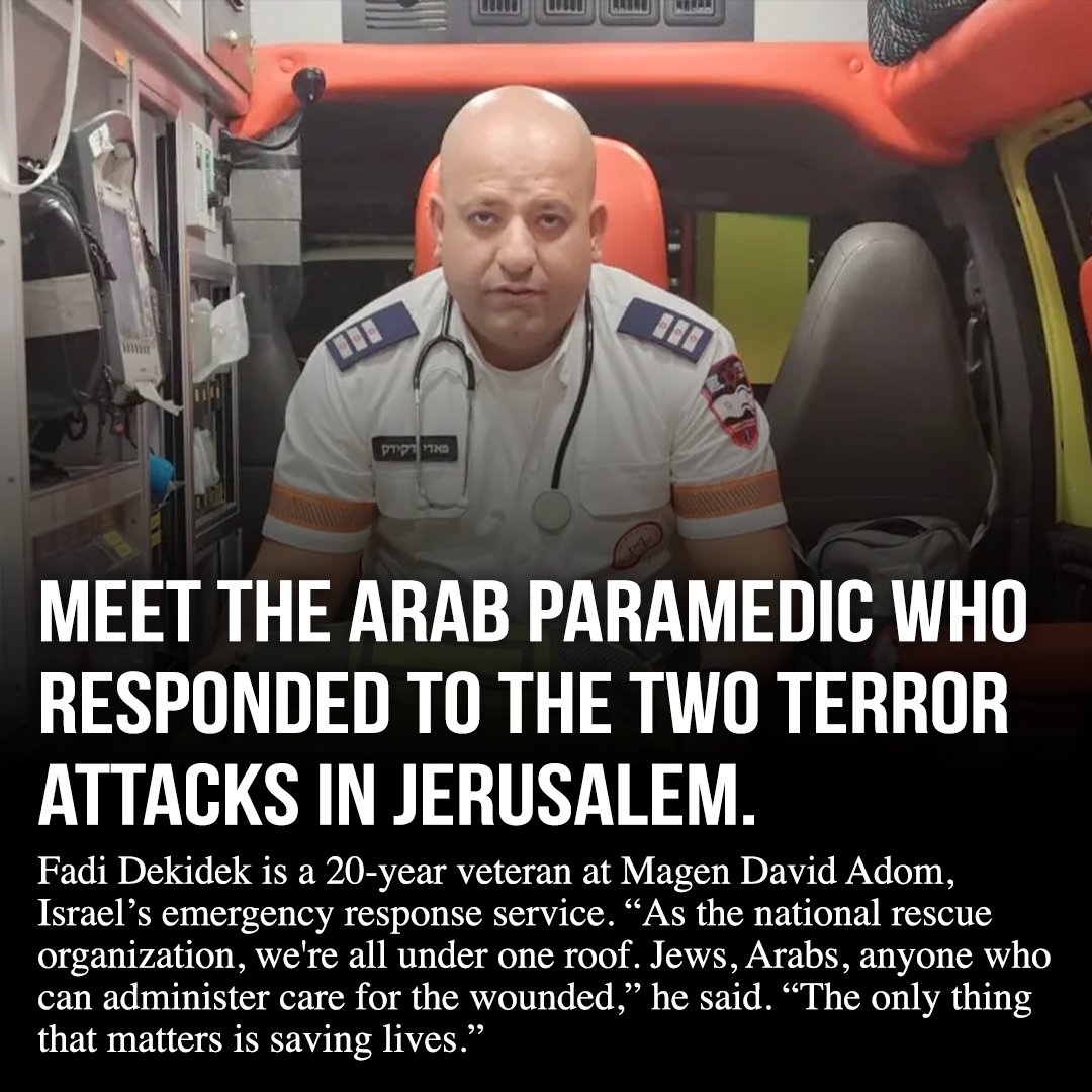 realbassemeid's tweet photo. Fadi Dekidek is a Muslim Arab from East Jerusalem. He's also a first responder with @Mdais, and he teaches East Jerusalem teens to give first aid and resuscitate. "The difference between a culture that glorifies terror and one that works hard to heal is education," he says. https://t.co/BLGmN0OZA9