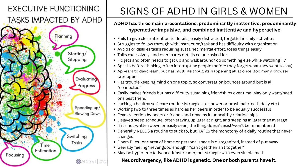 AuthorJANolan's tweet photo. Women and girls experience the same general symptoms of ADHD as men and boys, but tend to be more mentally hyper. Symptoms are often misdiagnosed as depression or anxiety or excused as cultural expectations for women.
#ADHD #ExecutiveDisfunction #Neurodivergent
#Neurospicy https://t.co/BpXeCKXCqs