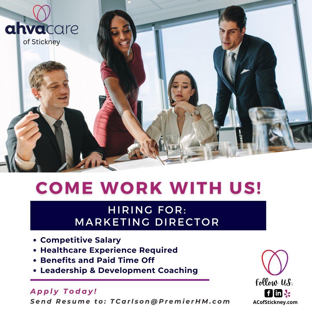 PremierHM1's tweet photo. Ahva Care of Stickney is hiring for a Director of Marketing. Know someone? Please consider sharing it with your network. Contact- TCarlson@premierHM.com or call (872) 222-0095.
#AhvaCareofStickney #marketingprofessional #nowhiring #marketingjobalert
https://t.co/nSiGdUuYYe https://t.co/I6fqRhlWFu