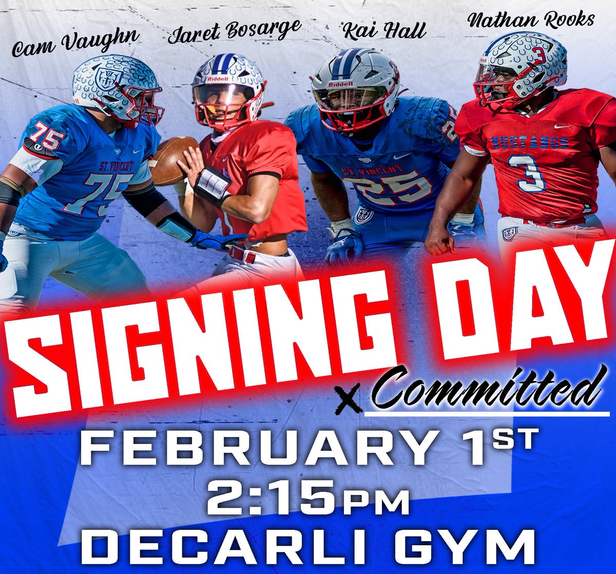 ✍️Signing Day! Come and support four of our seniors on their signing day!

<a href="/CamVaughn2/">Cam Vaughn</a> | <a href="/jaretbosarge/">Jaret Bosarge</a> | <a href="/KaiHallSVHS/">Kai Hall</a> | <a href="/nathanrooks3/">nrooks3</a> 

🗓️ Wednesday (February 1st)
📍DeCarli Gymnasium
⏰ 2:15pm

#gomustangs🐴