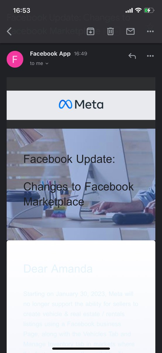 klimekamdc's tweet photo. I can’t believe this is a real email from @Meta / @facebook. This set off all of my phishing alarms until I actually looked up the email domain and it was legit. I guess they are trying the literal route with #transparency now. https://t.co/HZnX0wr21C