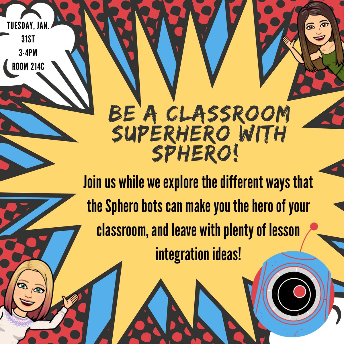 Come explore the fun of #spheros tomorrow at 3pm! Learn all the different ways to use these awesome robots in the classroom and take your teaching to the next level! #robotics #ClassroomActivities #FunInTheClassroom @ElainaKloecker @TCEA #tcea #TCEA23