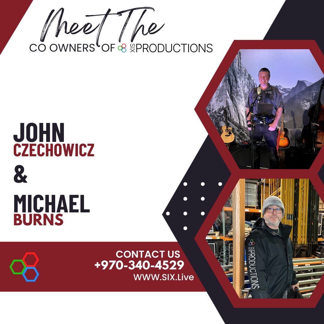 6ix_live's tweet photo. Meet the Co Owners, John Czechowicz and Michael Burns. With over 60 years of combined knowledge in the field, John and Michael are the proud joint masterminds of  Six Productions. Your trusted Audio and Video technicians and designers in the Roaring Fork Valley. https://t.co/EJFyrnGOYD