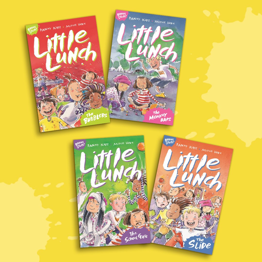 The hilarious and beloved world of Little Lunch returns! Four classic titles are available in stores now with awesome bonus content! Written by Danny Katz and illustrated by Mitch Vane 🎉