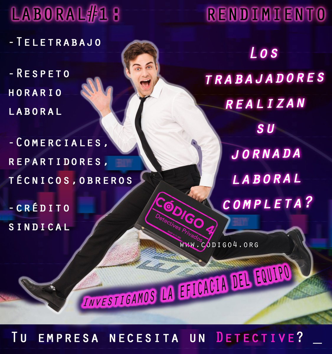 ⏱️👁️‍🗨️ esta semana hablamos de nuestros servicios de investigación en materia #laboral. Empezamos con la #investigacion del #rendimiento. En este tema la empresa tiene que actuar cuanto antes si el objetivo es un #despido #disciplinario del art. 54 del EDT. info@codigo4.org